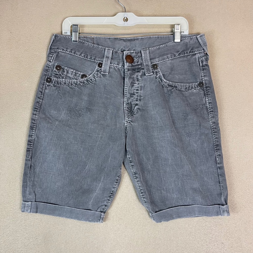 True Religion Men Geno Cut Off Jean Shorts Gray Size 32 Distressed